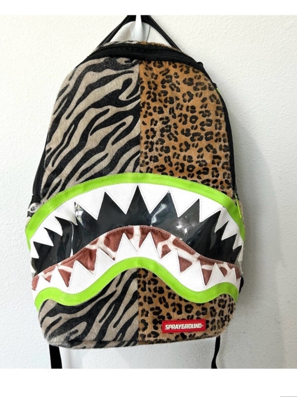 Sprayground Zebra & Leopard Shark Backpack with Neon Green Trim